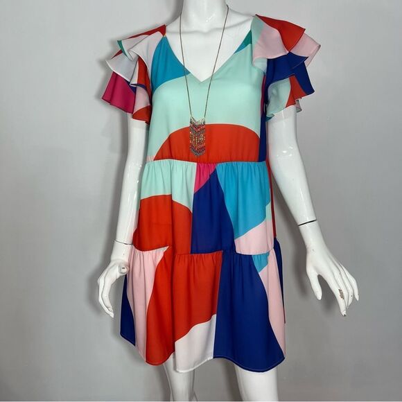 Crosby by Mollie Burch Color Block Flutter Sleeve Ruffle Mini Dress -- XS - Picture 2 of 11